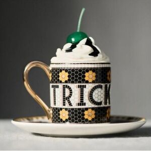 Anthropologie The Bistro Tile Stoneware Espresso cup and saucer TRICK or TREAT